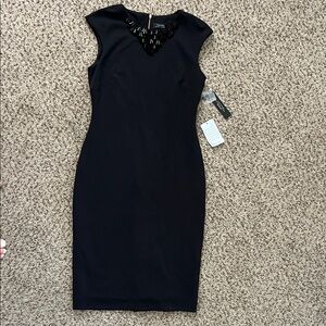 New with tags Tahari women’s Black Midi Dress with Embellished Neckline size 4